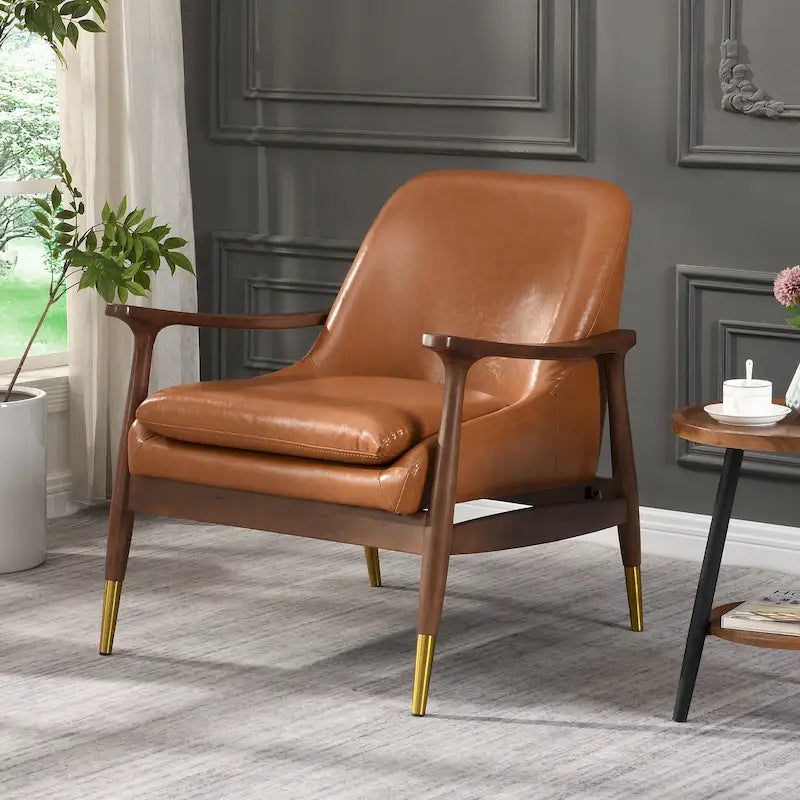 Brown Faux Leather Accent Lounge Chair with Brass-Tipped Tapered Legs