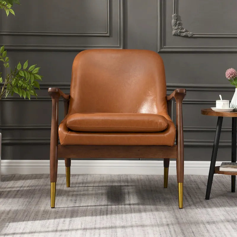 Brown Faux Leather Accent Lounge Chair with Brass-Tipped Tapered Legs