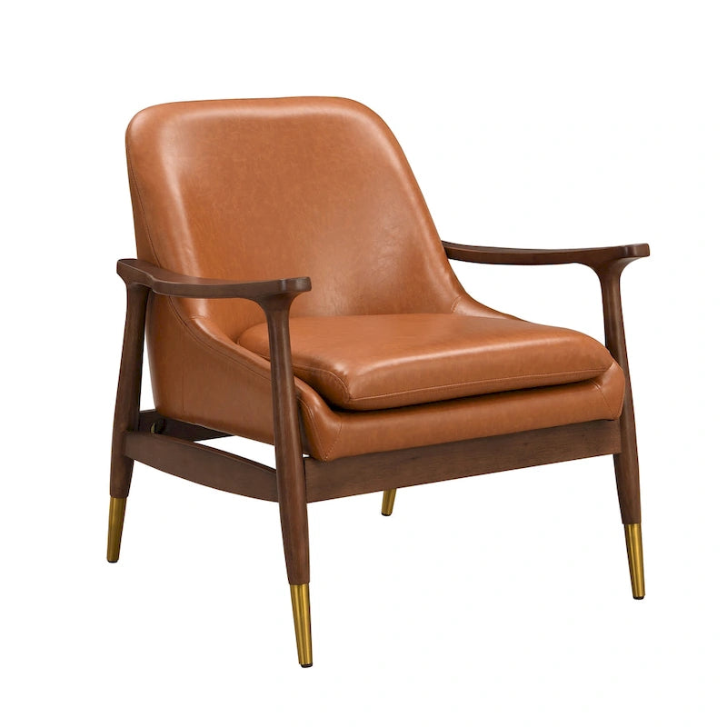 Brown Faux Leather Accent Lounge Chair with Brass-Tipped Tapered Legs