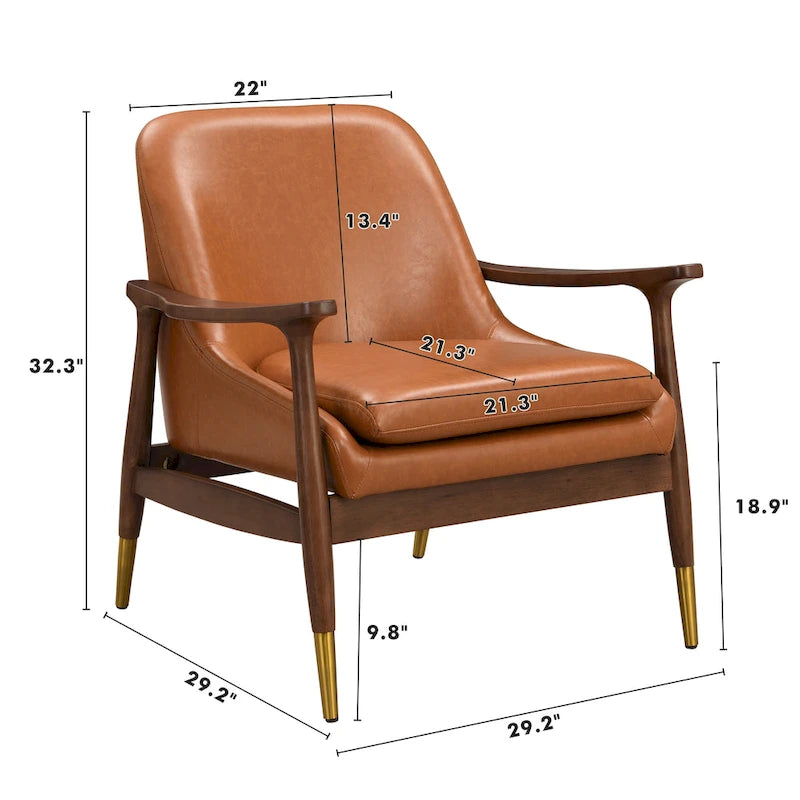 Brown Faux Leather Accent Lounge Chair with Brass-Tipped Tapered Legs