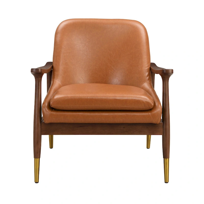 Brown Faux Leather Accent Lounge Chair with Brass-Tipped Tapered Legs