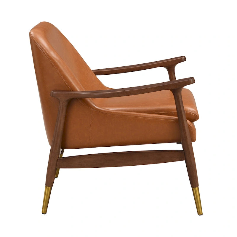 Brown Faux Leather Accent Lounge Chair with Brass-Tipped Tapered Legs
