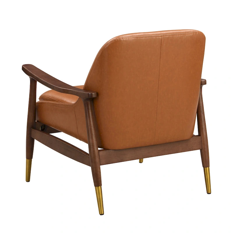 Brown Faux Leather Accent Lounge Chair with Brass-Tipped Tapered Legs