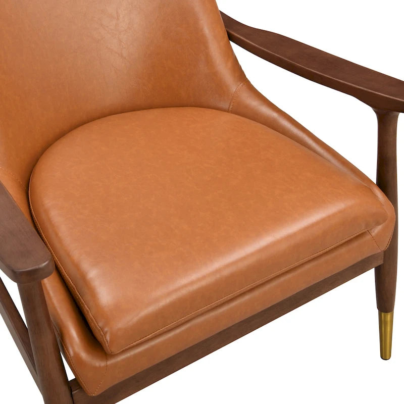 Brown Faux Leather Accent Lounge Chair with Brass-Tipped Tapered Legs