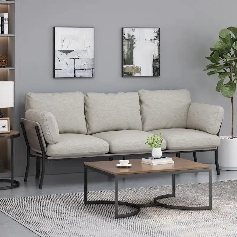 Modern 3-Seater Sofa with Flared Arms, Pillow Cushions & Wood Legs