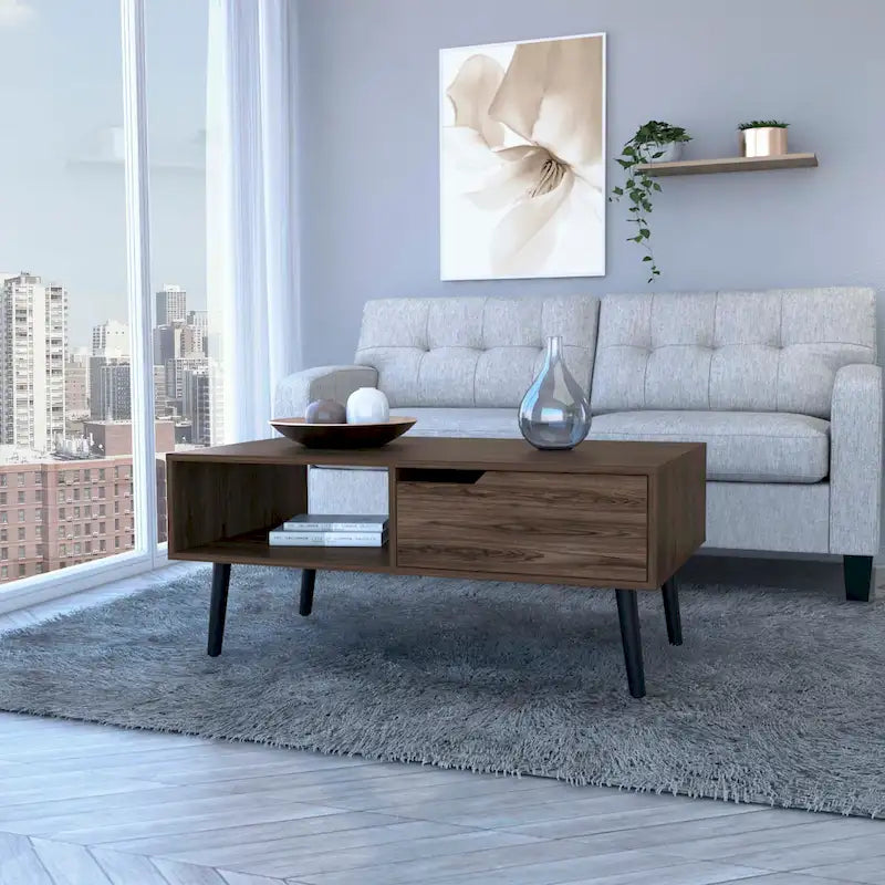 Coffee Table, One Drawer, One Open Shelf, Four Legs, Dark Walnut Finish