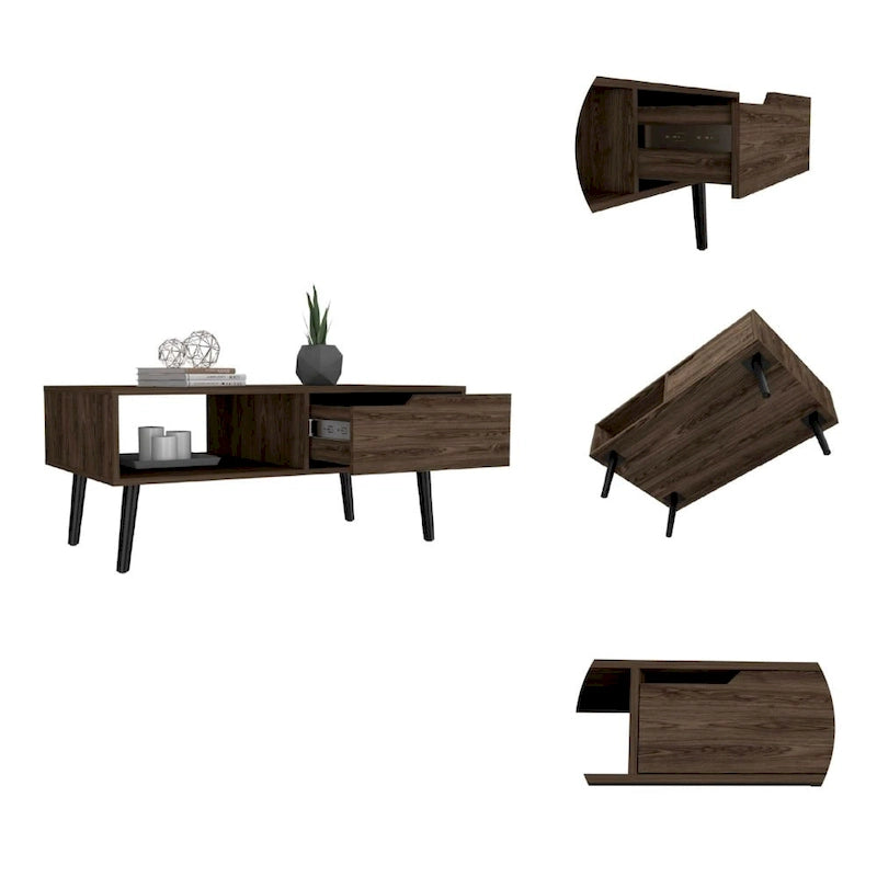 Coffee Table, One Drawer, One Open Shelf, Four Legs, Dark Walnut Finish