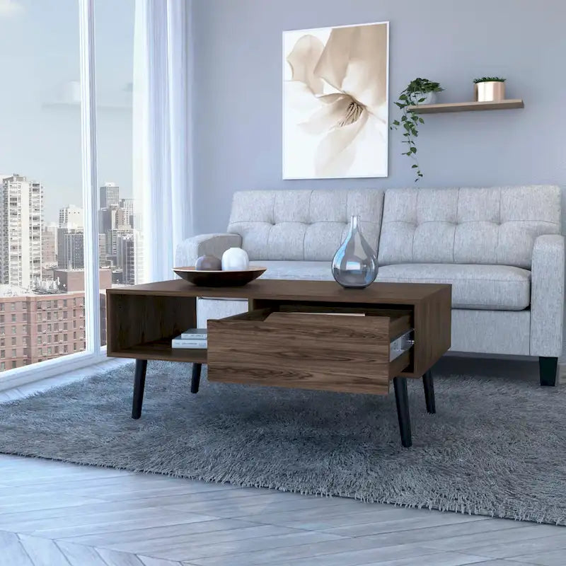 Coffee Table, One Drawer, One Open Shelf, Four Legs, Dark Walnut Finish