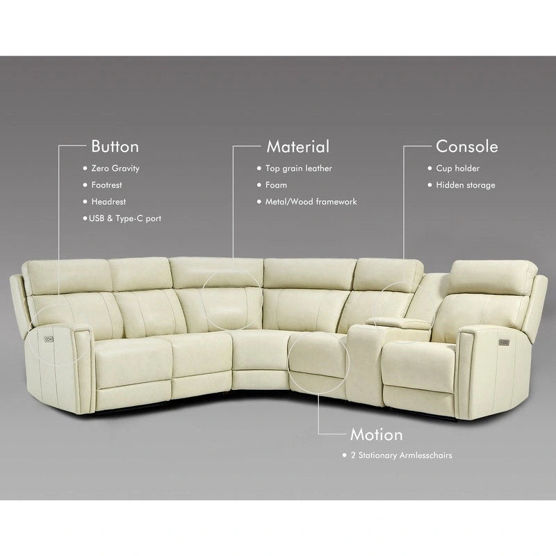 104 W 6 Seater Genuine Leather Power Sectional and 39 W Recliner Set with Zero Gravity, USB Ports, 2 stationaryarmlesschairs