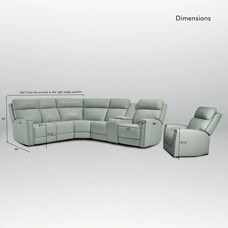 104 W 6 Seater Genuine Leather Power Sectional and 39 W Recliner Set with Zero Gravity, USB Ports, 2 stationaryarmlesschairs