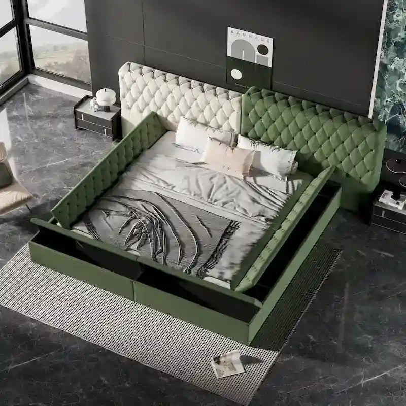 King Upholstered Platform Bed with Storage Footboard & Side Rails