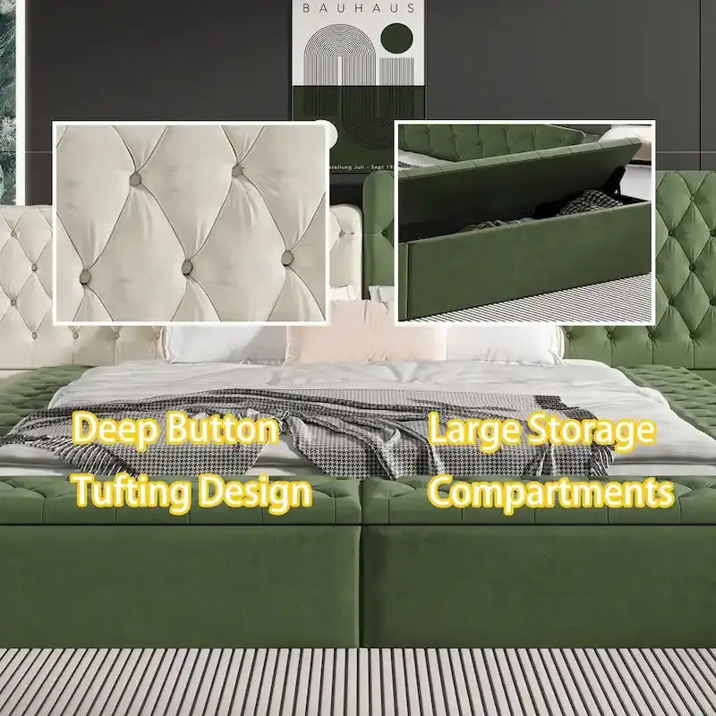 King Upholstered Platform Bed with Storage Footboard & Side Rails