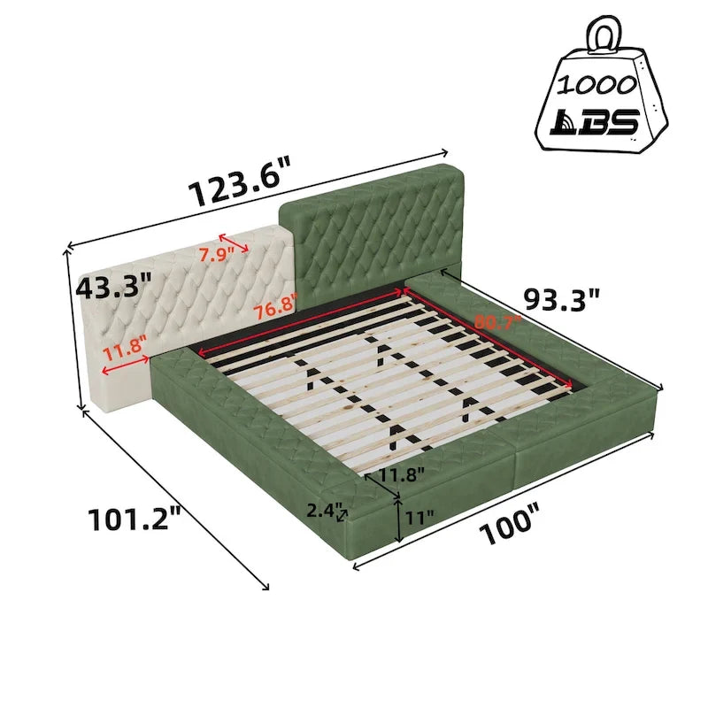King Upholstered Platform Bed with Storage Footboard & Side Rails