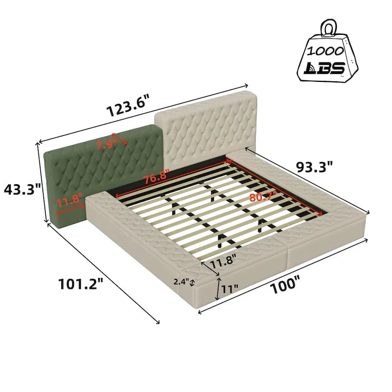 King Upholstered Platform Bed with Storage Footboard & Side Rails