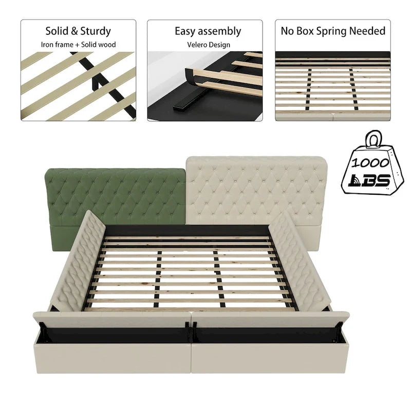 King Upholstered Platform Bed with Storage Footboard & Side Rails