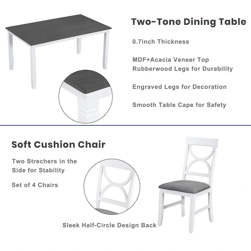 White Farmhouse 6-Piece Wooden Dining Table Set with Rectangular Table & 4 Chairs