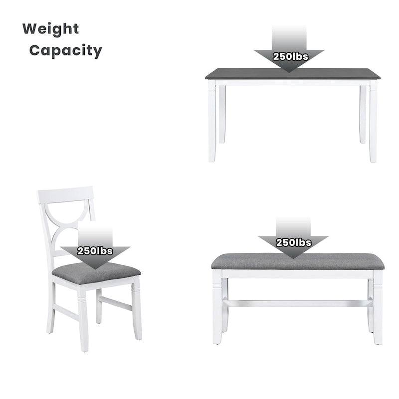 White Farmhouse 6-Piece Wooden Dining Table Set with Rectangular Table & 4 Chairs