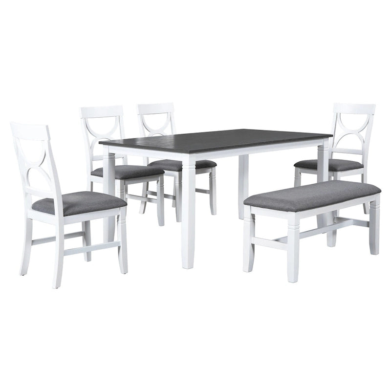 White Farmhouse 6-Piece Wooden Dining Table Set with Rectangular Table & 4 Chairs
