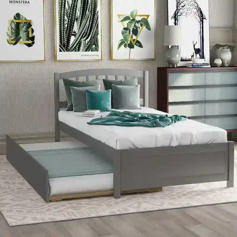 Twin Pine Platform Bed with Roll-Out Trundle & Slat Headboard