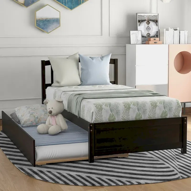 Twin Pine Platform Bed with Roll-Out Trundle & Slat Headboard
