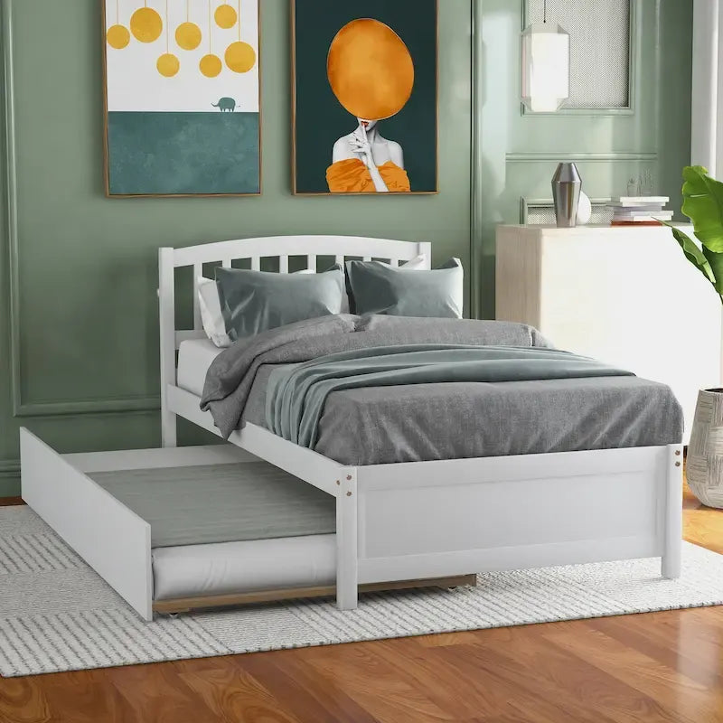 Twin Pine Platform Bed with Roll-Out Trundle & Slat Headboard