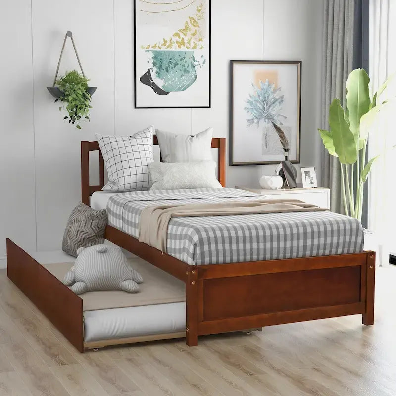 Twin Pine Platform Bed with Roll-Out Trundle & Slat Headboard