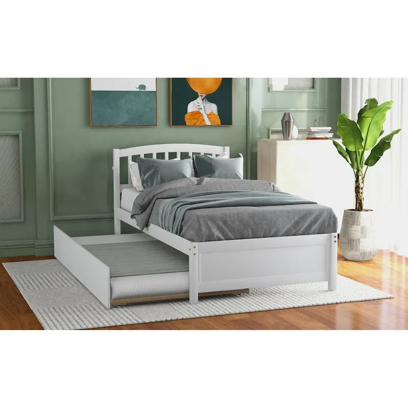 Twin Pine Platform Bed with Roll-Out Trundle & Slat Headboard