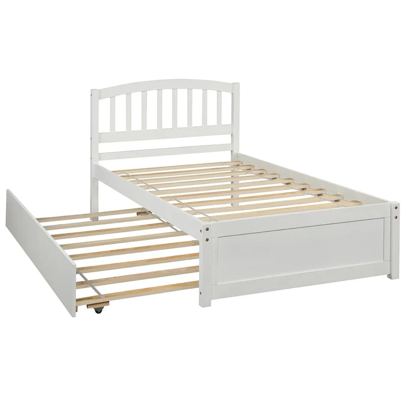 Twin Pine Platform Bed with Roll-Out Trundle & Slat Headboard