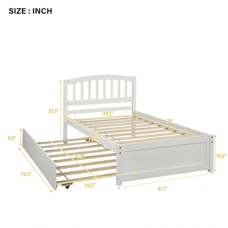 Twin Pine Platform Bed with Roll-Out Trundle & Slat Headboard