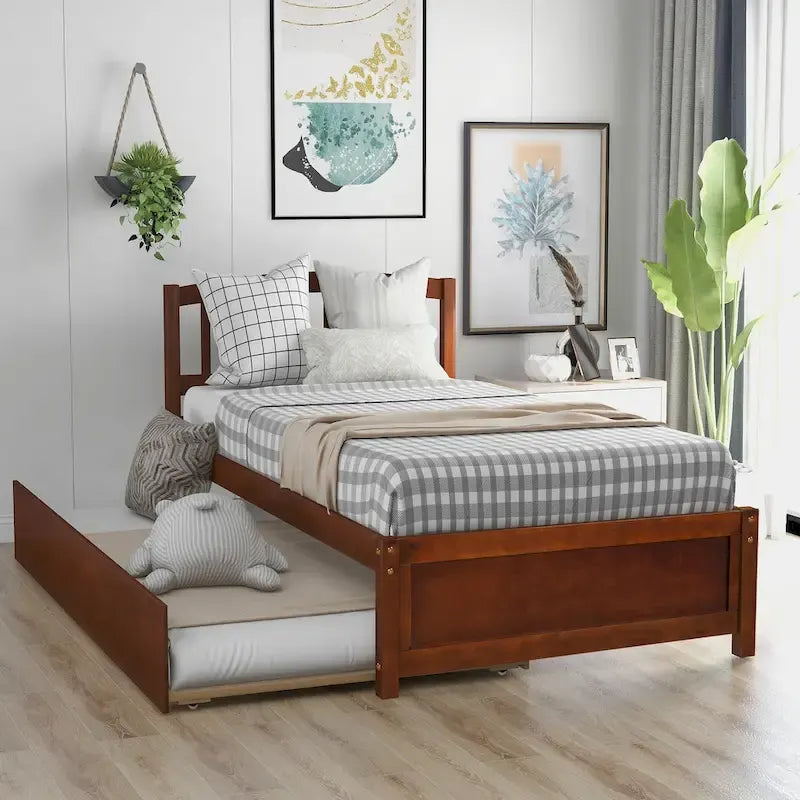 Twin Pine Platform Bed with Roll-Out Trundle & Slat Headboard
