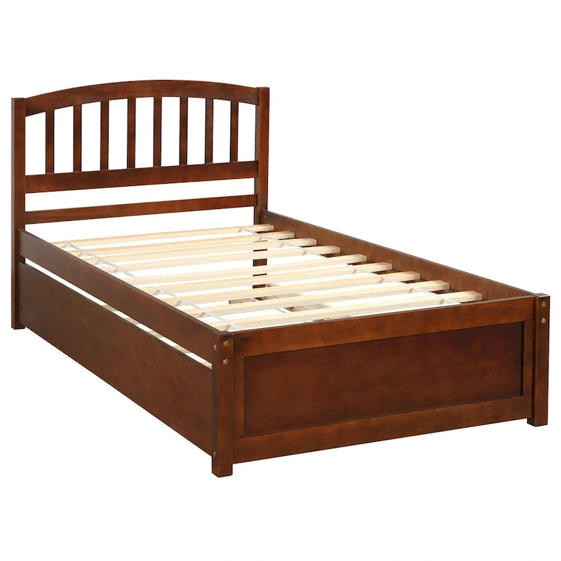 Twin Pine Platform Bed with Roll-Out Trundle & Slat Headboard