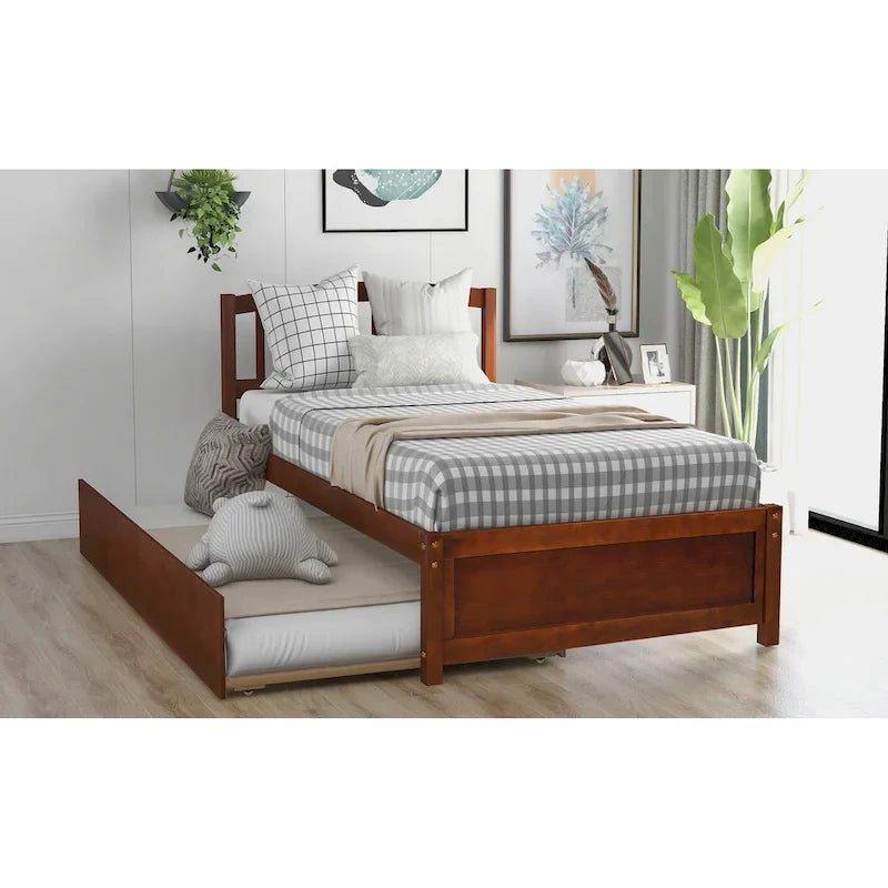 Twin Pine Platform Bed with Roll-Out Trundle & Slat Headboard