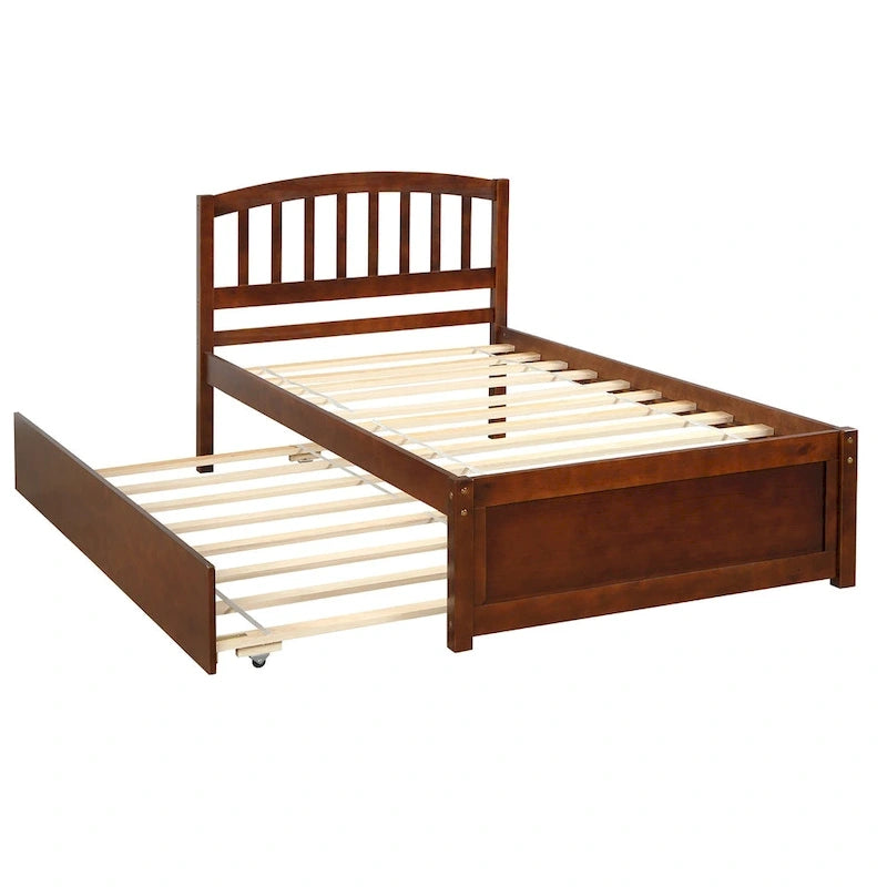 Twin Pine Platform Bed with Roll-Out Trundle & Slat Headboard
