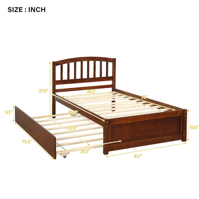 Twin Pine Platform Bed with Roll-Out Trundle & Slat Headboard