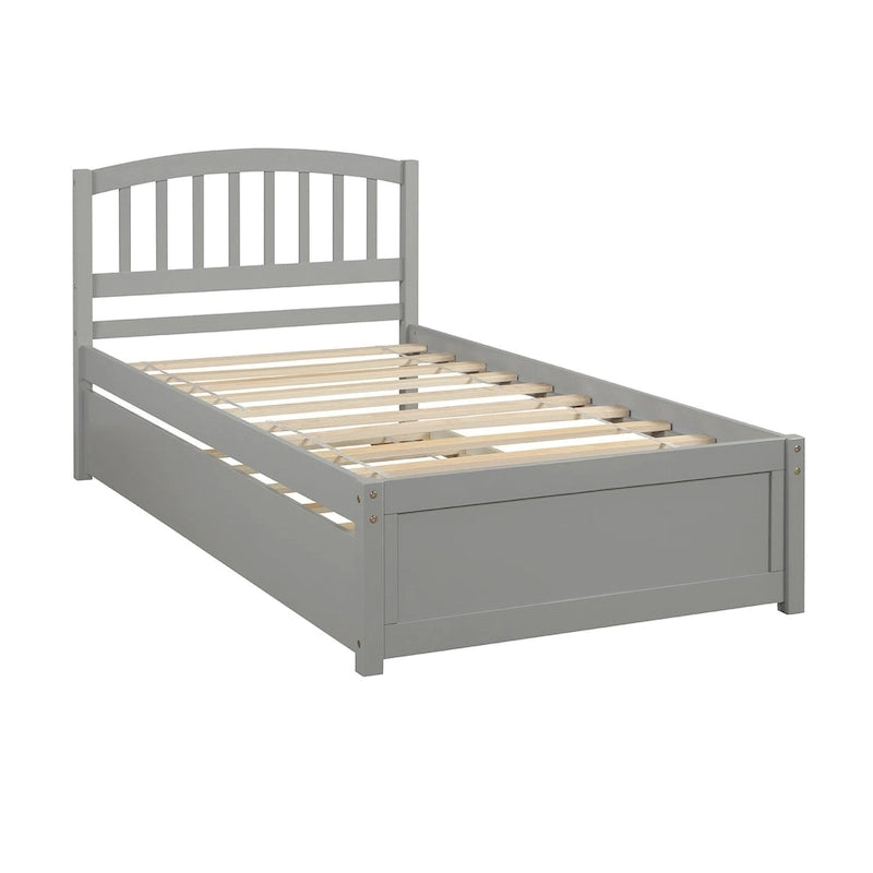 Twin Pine Platform Bed with Roll-Out Trundle & Slat Headboard