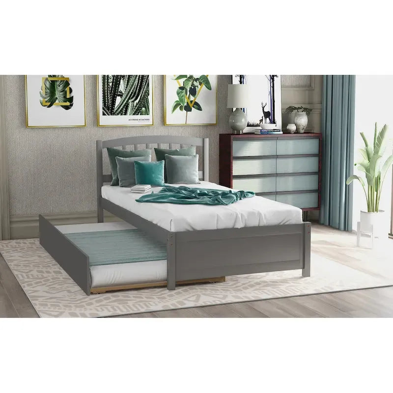 Twin Pine Platform Bed with Roll-Out Trundle & Slat Headboard