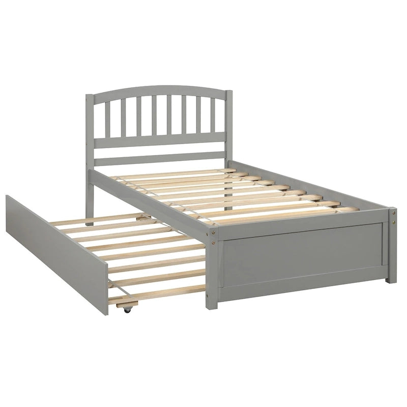 Twin Pine Platform Bed with Roll-Out Trundle & Slat Headboard