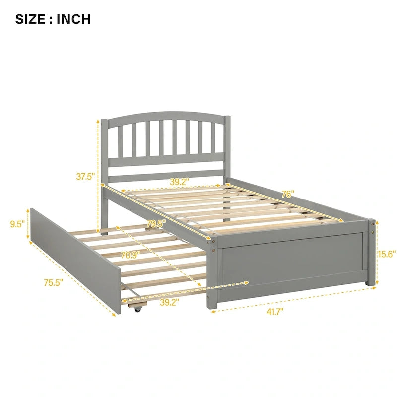 Twin Pine Platform Bed with Roll-Out Trundle & Slat Headboard