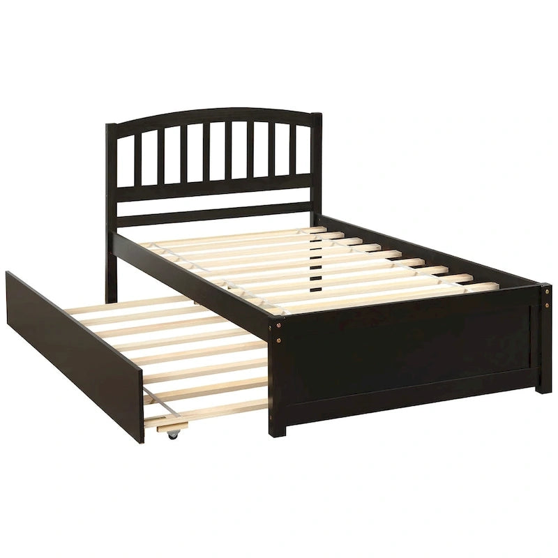 Twin Pine Platform Bed with Roll-Out Trundle & Slat Headboard