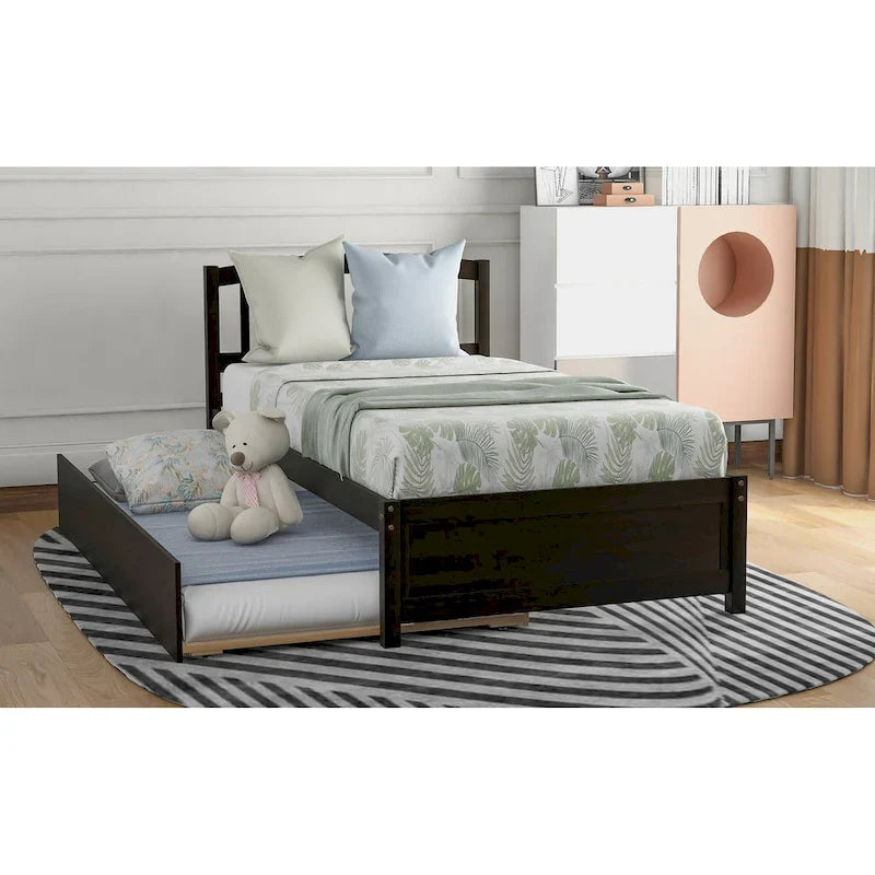 Twin Pine Platform Bed with Roll-Out Trundle & Slat Headboard