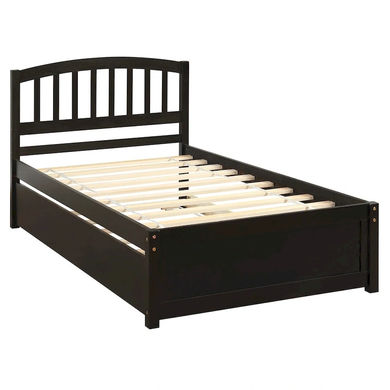 Twin Pine Platform Bed with Roll-Out Trundle & Slat Headboard