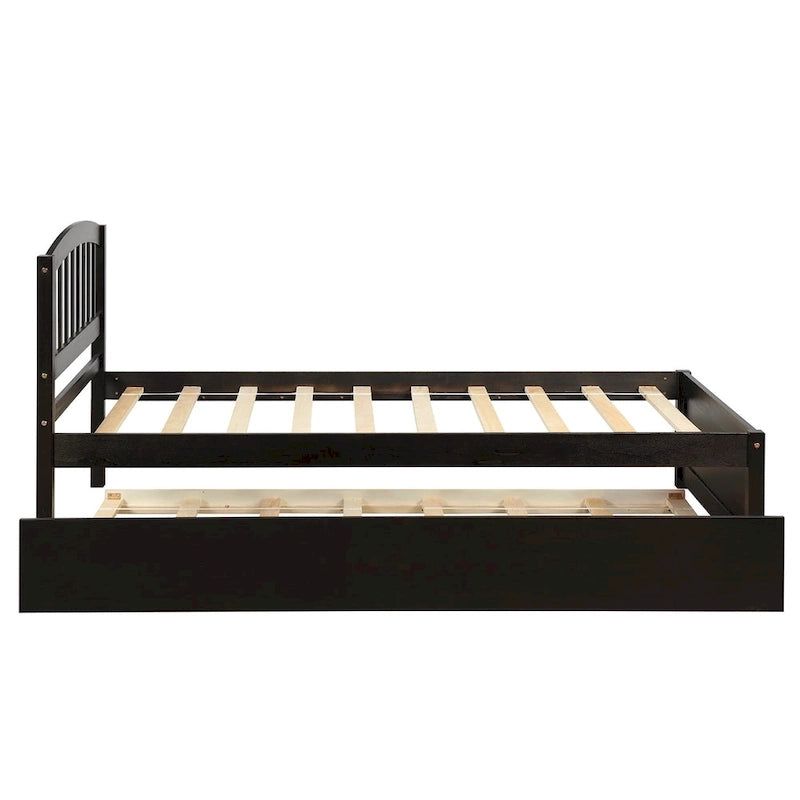 Twin Pine Platform Bed with Roll-Out Trundle & Slat Headboard