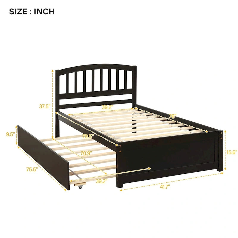 Twin Pine Platform Bed with Roll-Out Trundle & Slat Headboard