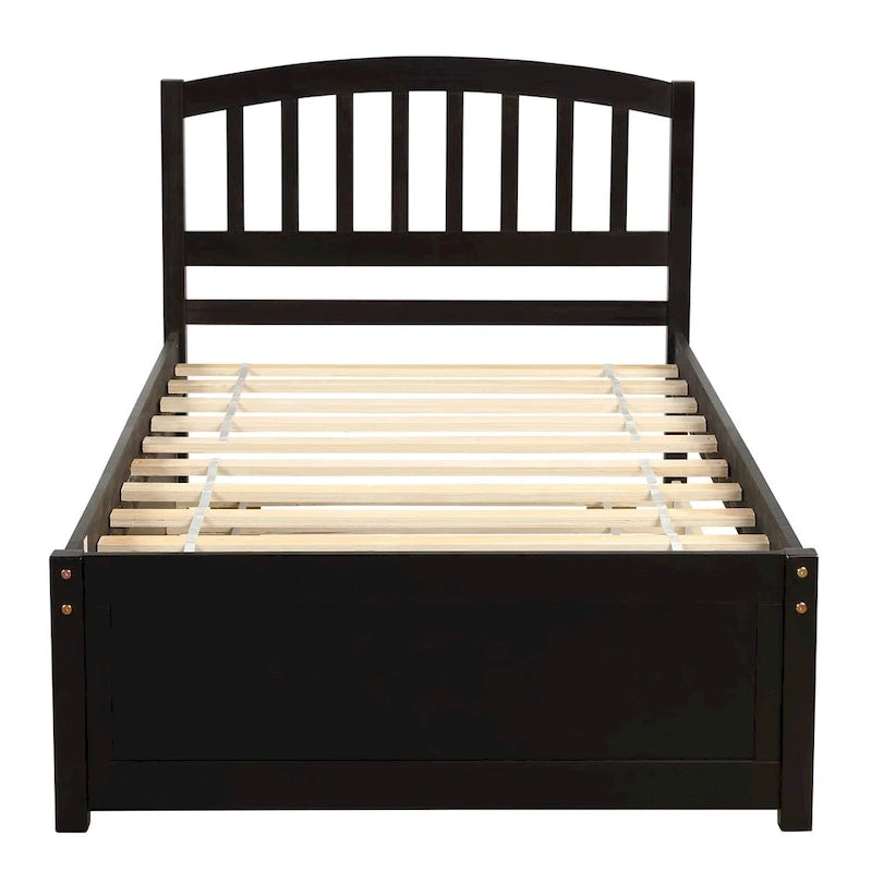 Twin Pine Platform Bed with Roll-Out Trundle & Slat Headboard