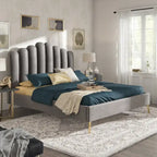 Art Deco Velvet Upholstered Platform Bed with Stepped Headboard