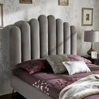 Art Deco Velvet Upholstered Platform Bed with Stepped Headboard