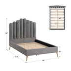 Art Deco Velvet Upholstered Platform Bed with Stepped Headboard