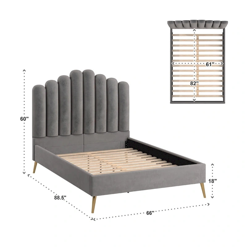 Art Deco Velvet Upholstered Platform Bed with Stepped Headboard