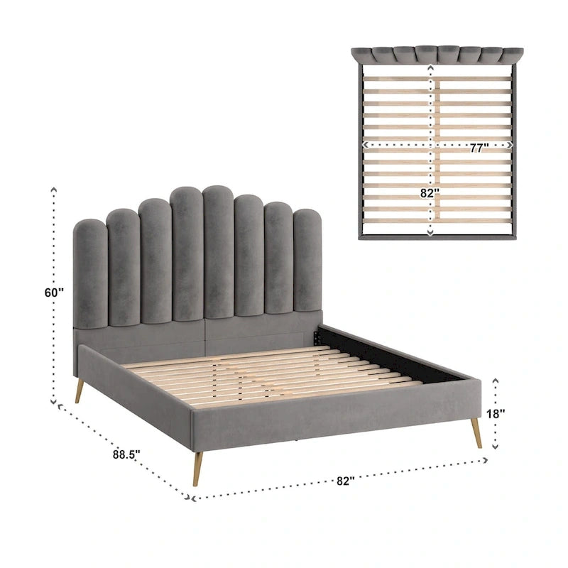 Art Deco Velvet Upholstered Platform Bed with Stepped Headboard