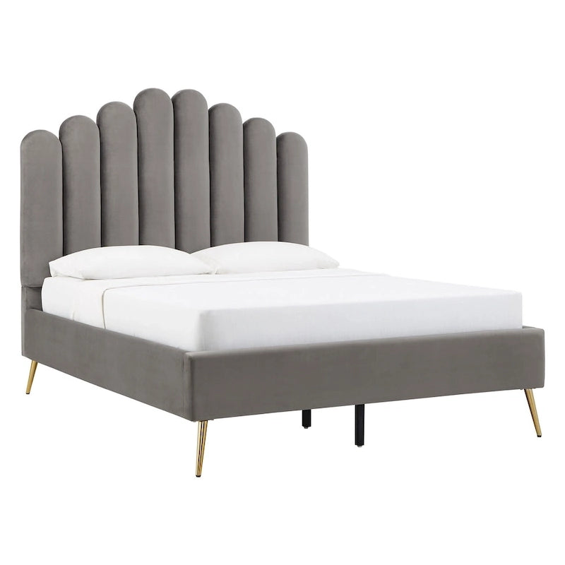 Art Deco Velvet Upholstered Platform Bed with Stepped Headboard